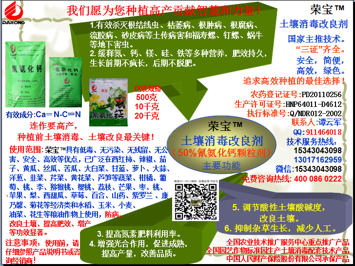 榮寶（氰氨化鈣）顆粒殺菌劑，土壤消毒、緩釋氮鈣營(yíng)養(yǎng)、肥料增效、土壤改良四效合一，殺滅根結(jié)線(xiàn)蟲(chóng)，防治根腫病、根腐病、枯萎病、流膠病、蓮藕腐敗病等土傳病害，殺滅福壽螺、釘螺等地下害蟲(chóng)，解決連作障礙